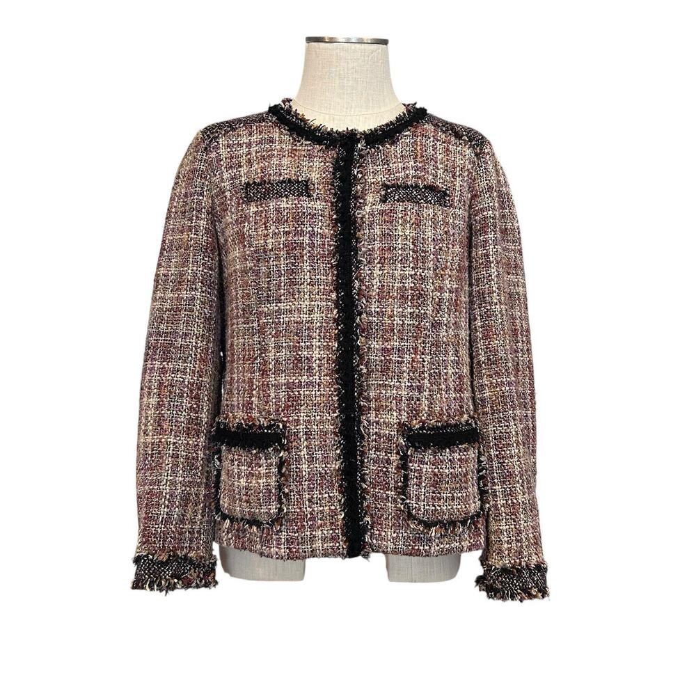 Tweed Bouclé Jacket Multicolor Fringe Trim Lined EUC 14